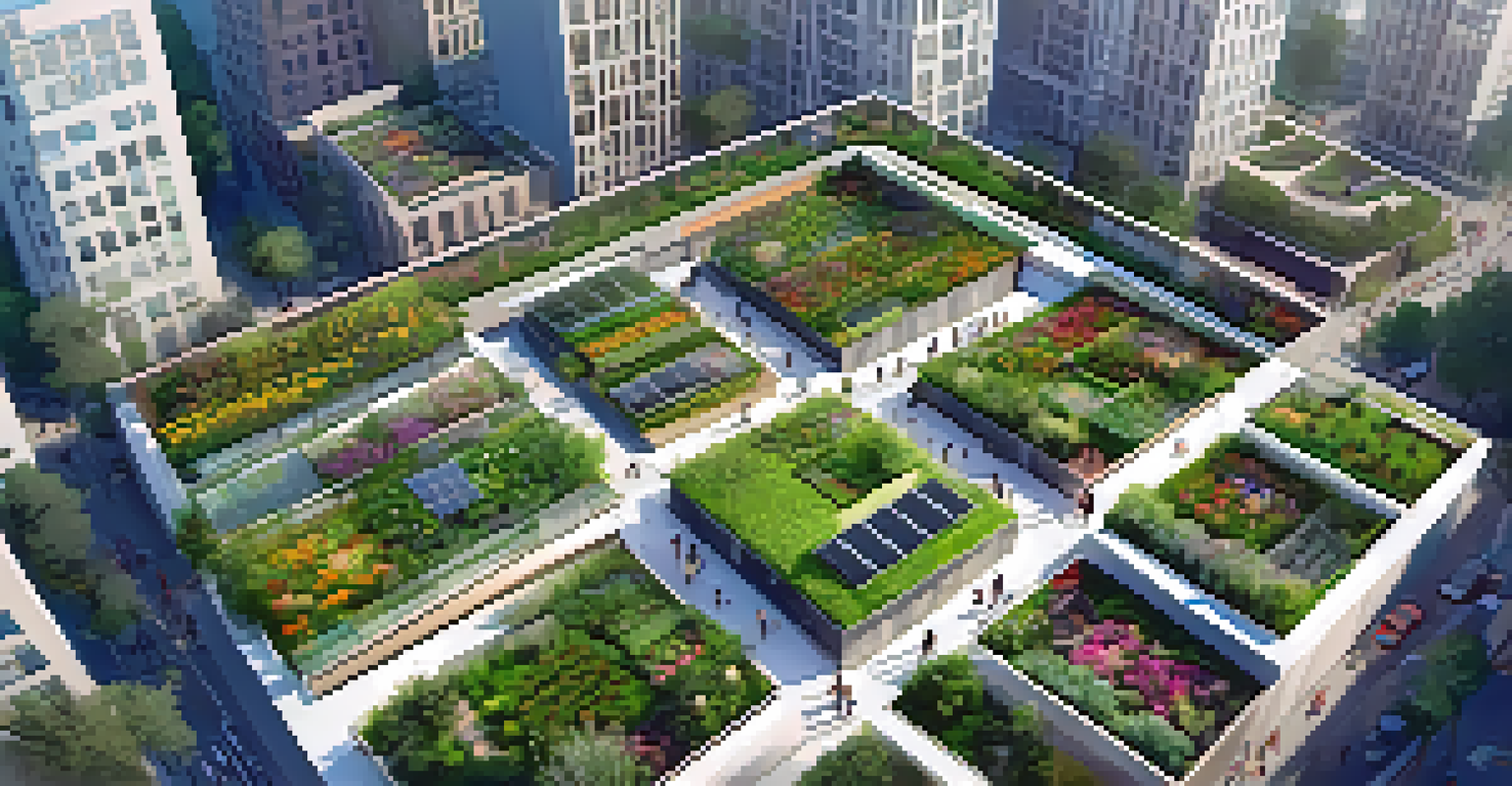 Aerial view of a sustainable urban garden amidst city buildings, showcasing greenery and community involvement.