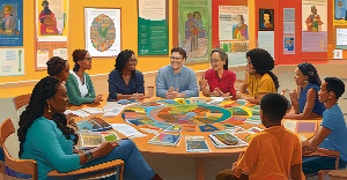 A diverse group of educators discussing around a table filled with books and cultural artifacts, in a bright and colorful classroom.