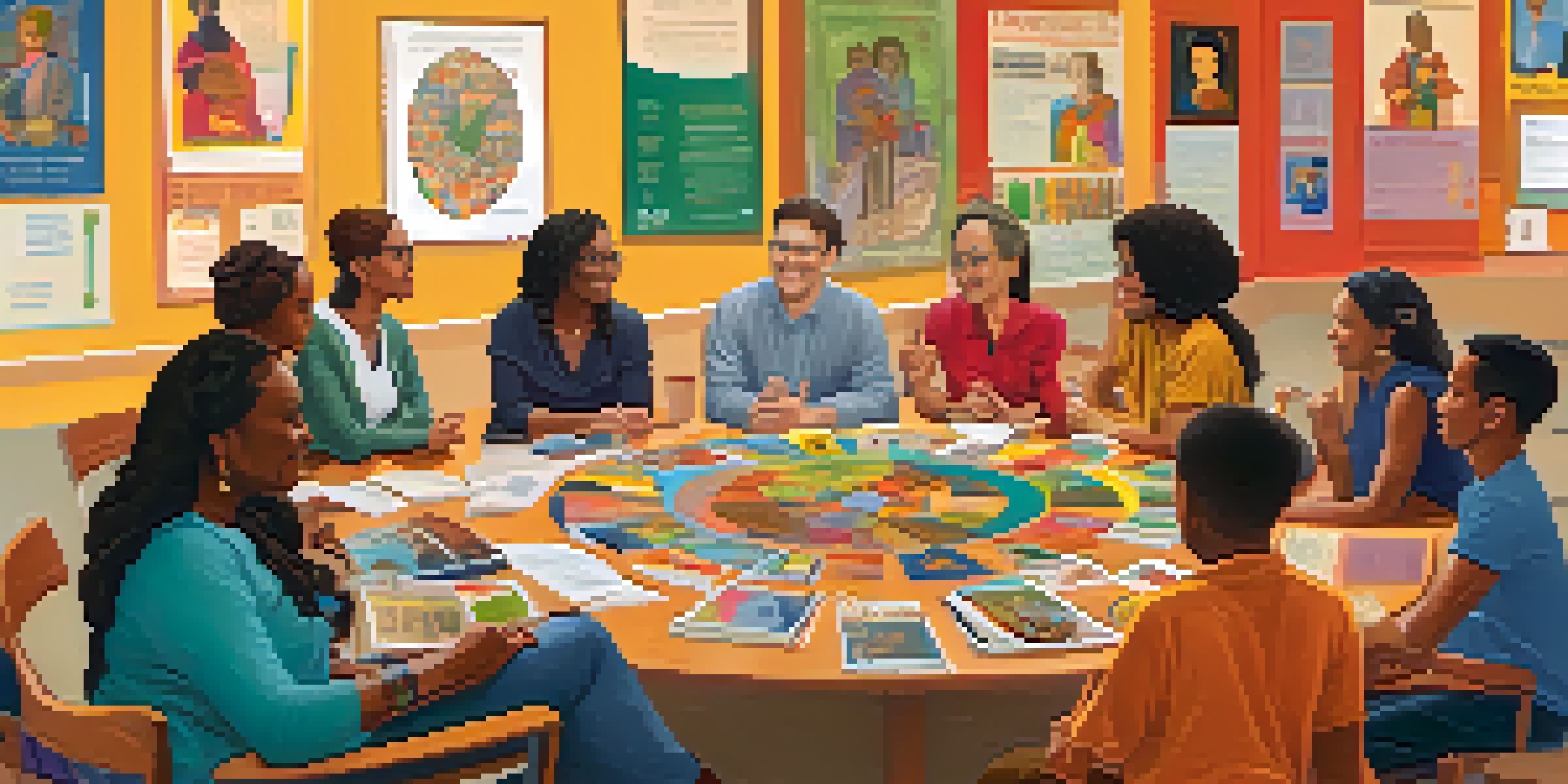 A diverse group of educators discussing around a table filled with books and cultural artifacts, in a bright and colorful classroom.