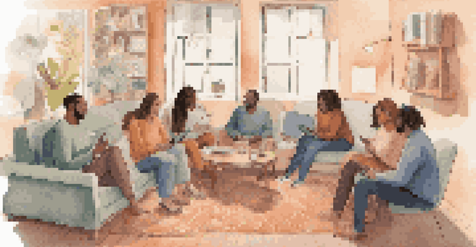 A diverse group of individuals in a virtual meeting, sharing stories with expressions of empathy and understanding in a cozy setting.