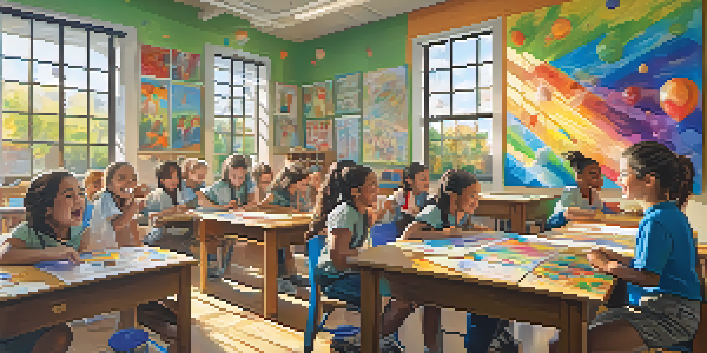 A colorful classroom with students and a teacher engaged in art projects, sunlight illuminating the scene.