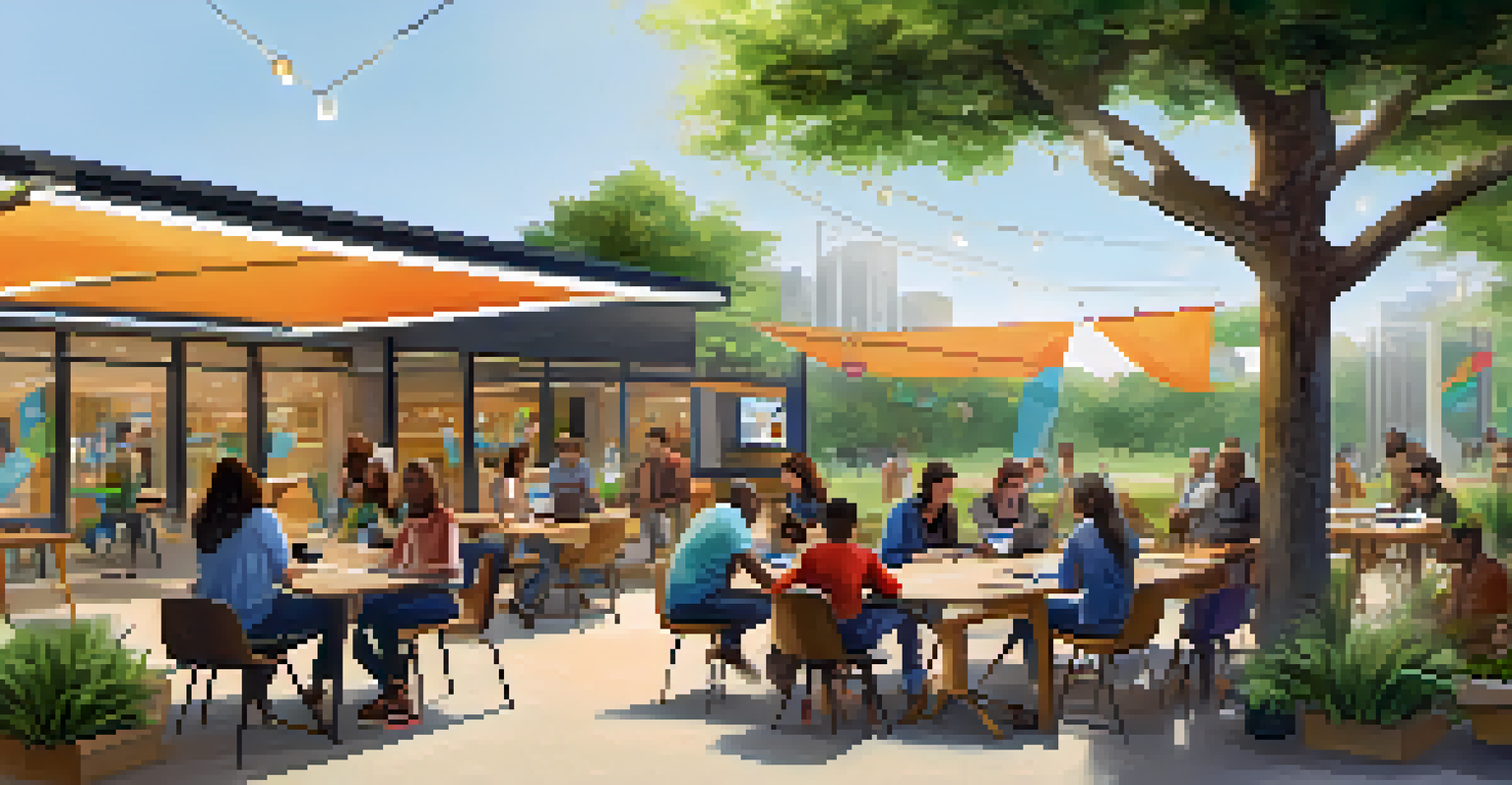 A vibrant outdoor community tech hub where people of various ages are participating in workshops and discussions about digital literacy.