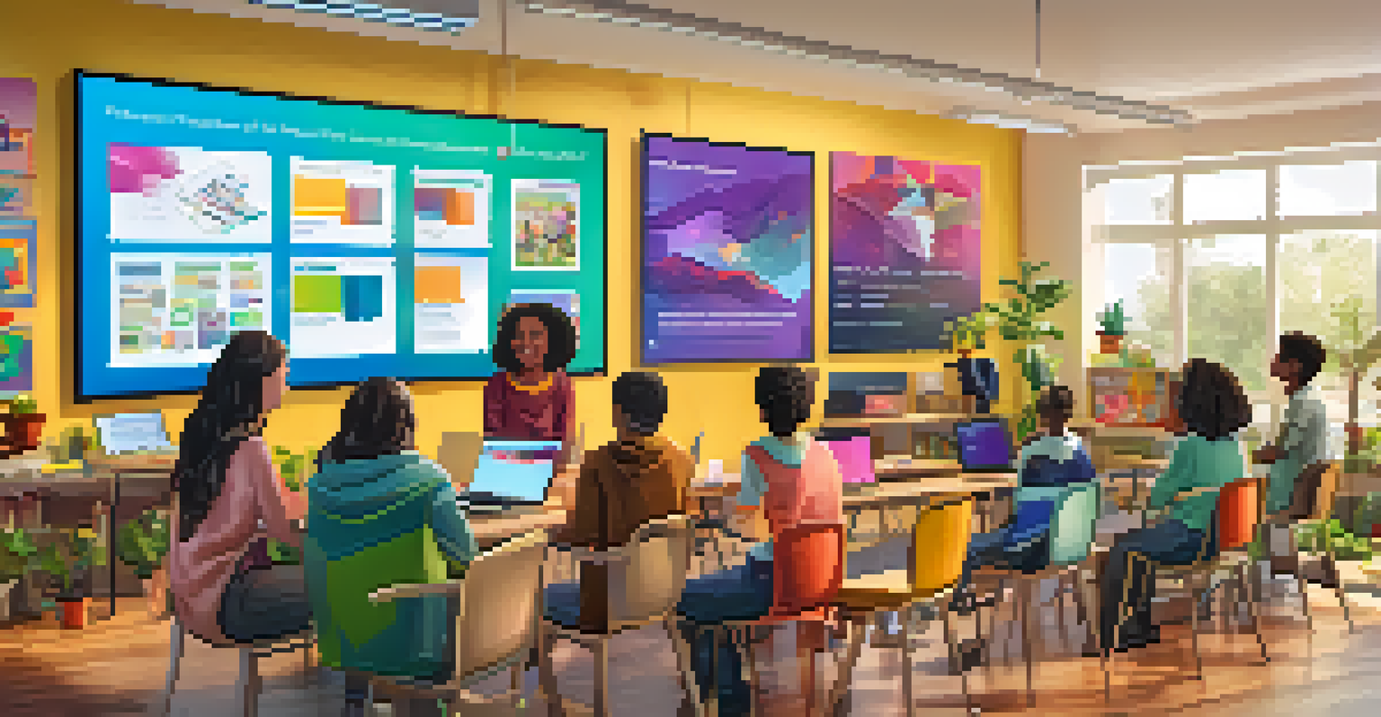 Students collaborating on a project in a virtual classroom with a large digital screen, colorful decor, and a lively atmosphere.