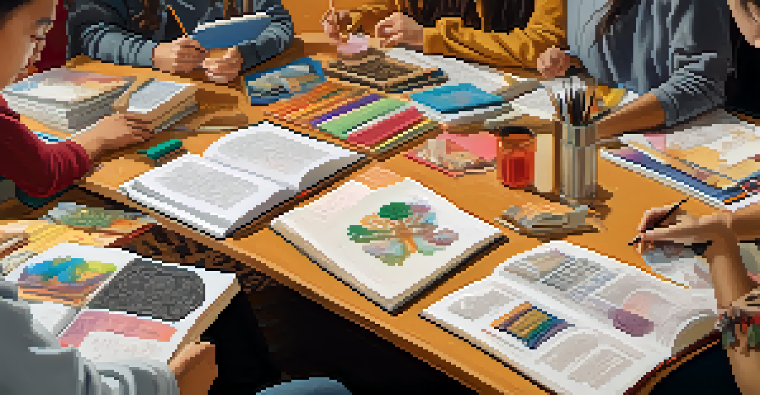 Students working together on a cultural project, with drawings and traditional items on the table, highlighting their diverse backgrounds.