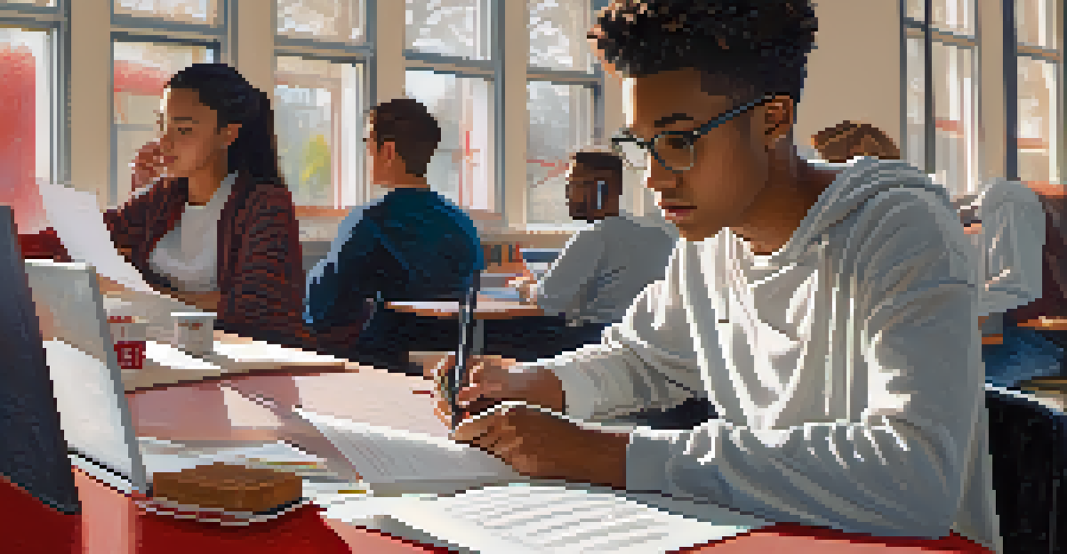 A student closely examining feedback on a paper filled with handwritten notes and comments.