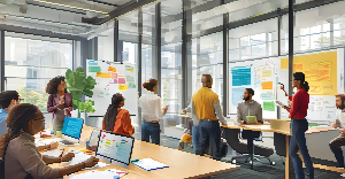 A diverse group of employees participating in a brainstorming session in a well-lit office, surrounded by colorful notes and digital devices.