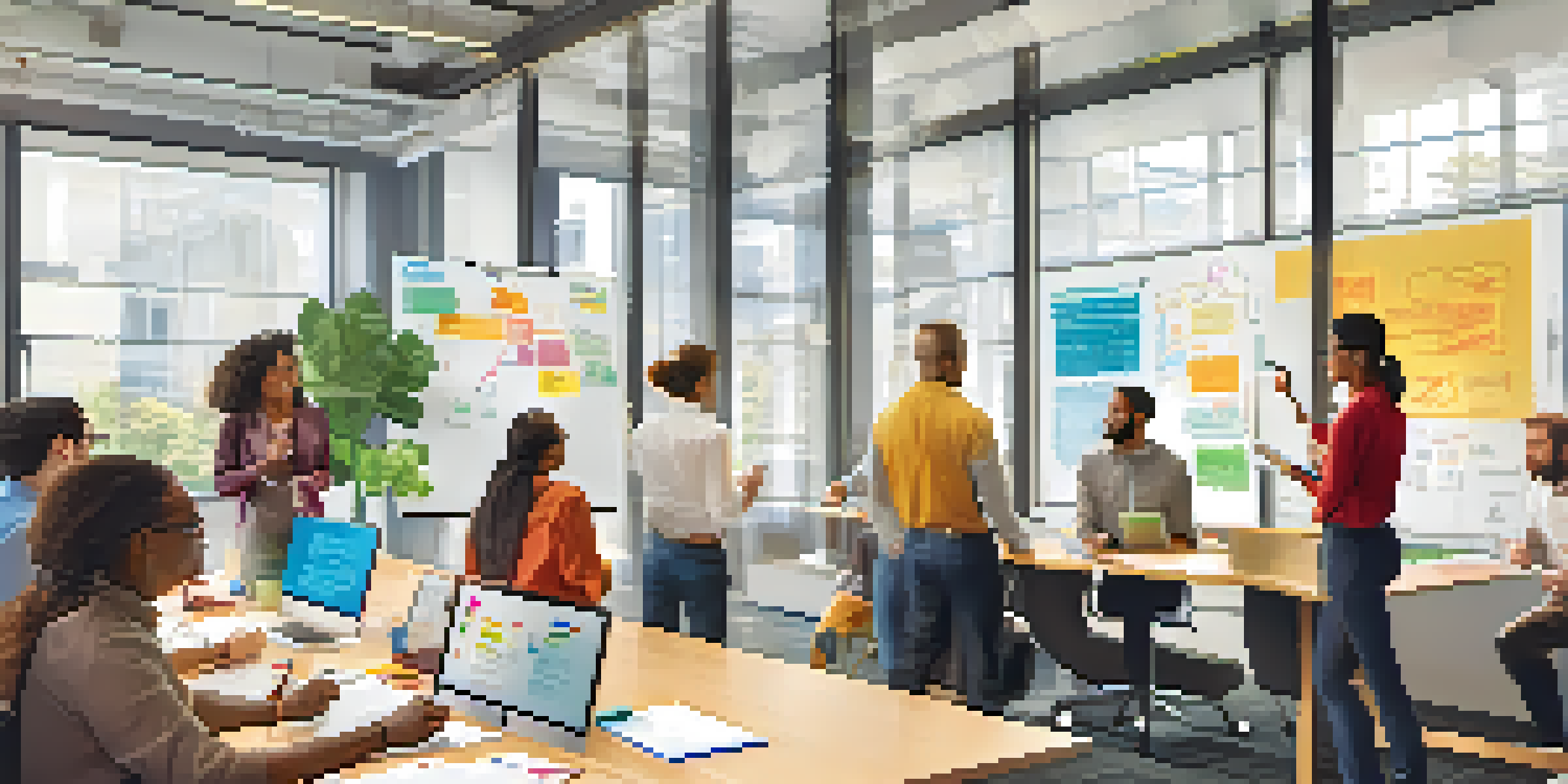 A diverse group of employees participating in a brainstorming session in a well-lit office, surrounded by colorful notes and digital devices.