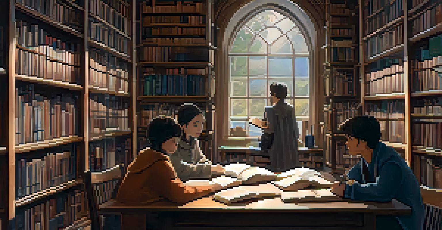 Students in a library discussing literature about global conflicts, surrounded by shelves of books and a warm, inviting atmosphere.