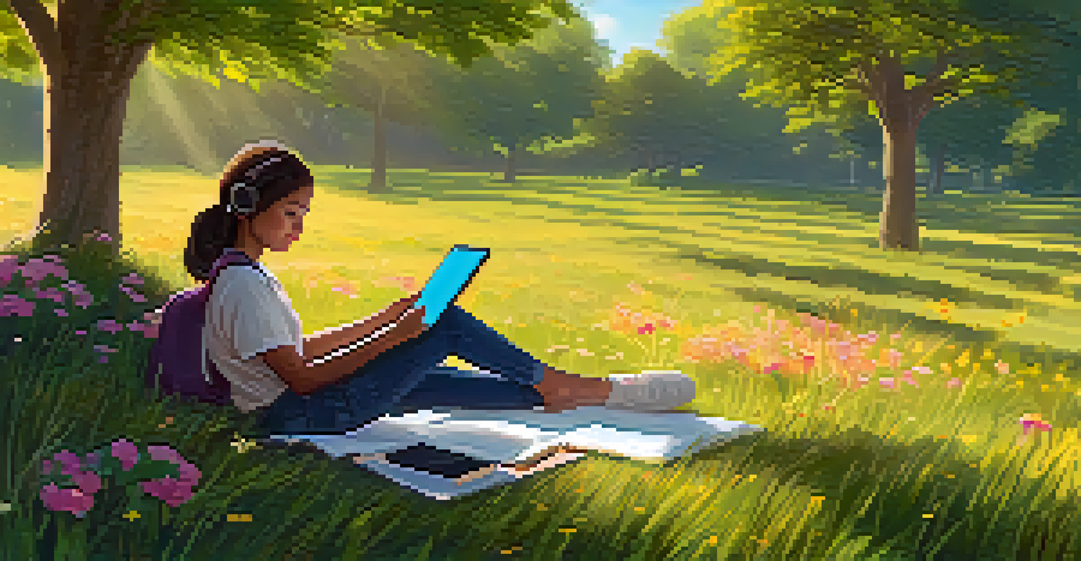 A student studying outdoors on a grassy hill, using a tablet, surrounded by nature in warm sunlight.