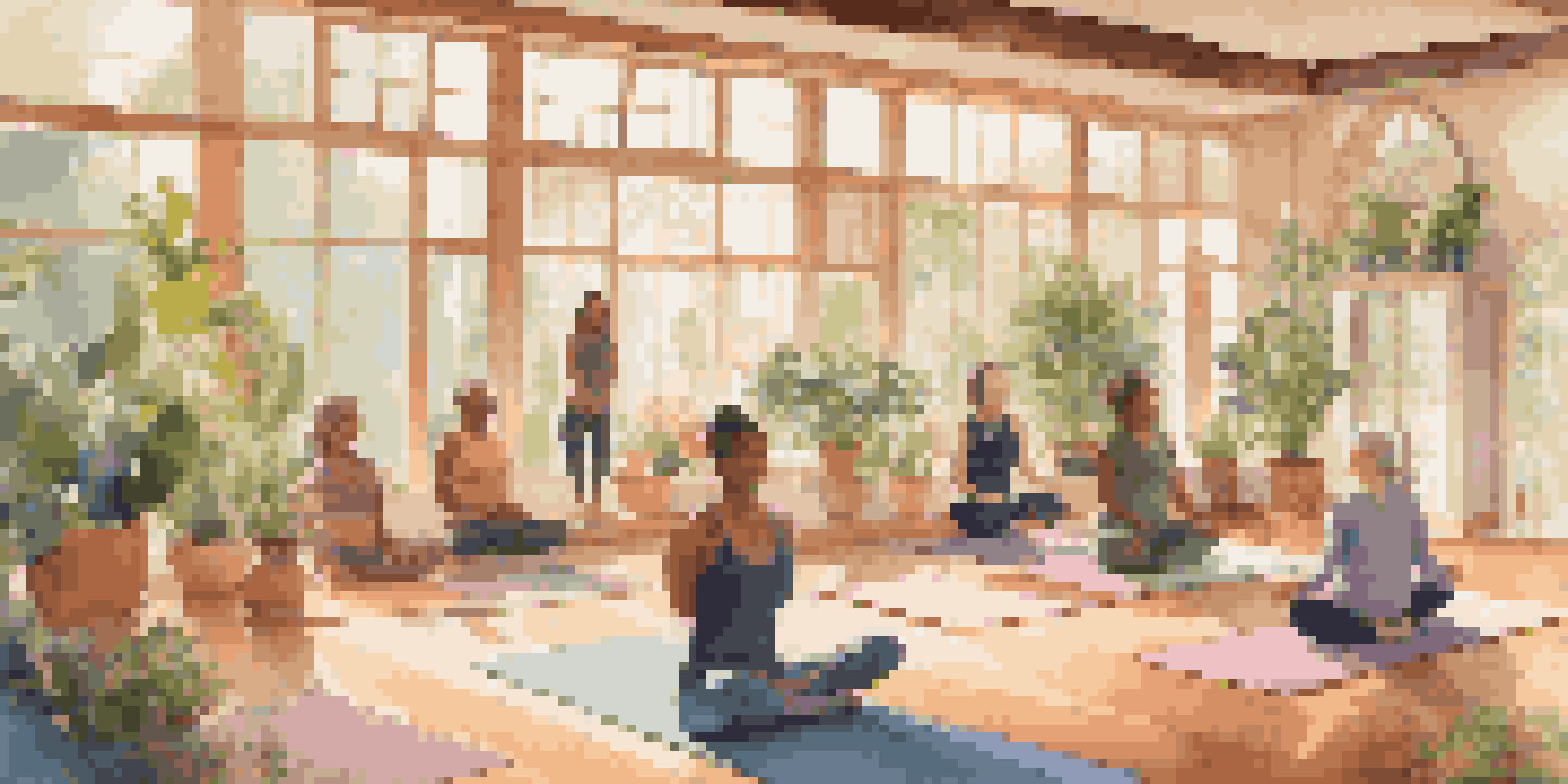 A diverse group of individuals practicing yoga in a bright studio with large windows and potted plants, conveying a sense of peace and wellness.