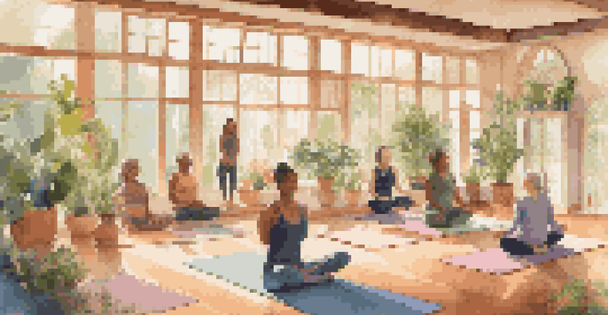 A diverse group of individuals practicing yoga in a bright studio with large windows and potted plants, conveying a sense of peace and wellness.