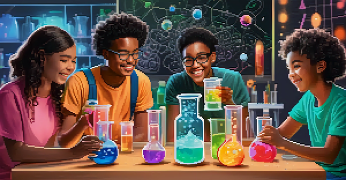 A diverse group of young people conducting a colorful science experiment with beakers and a chalkboard filled with creative doodles in a lively atmosphere.