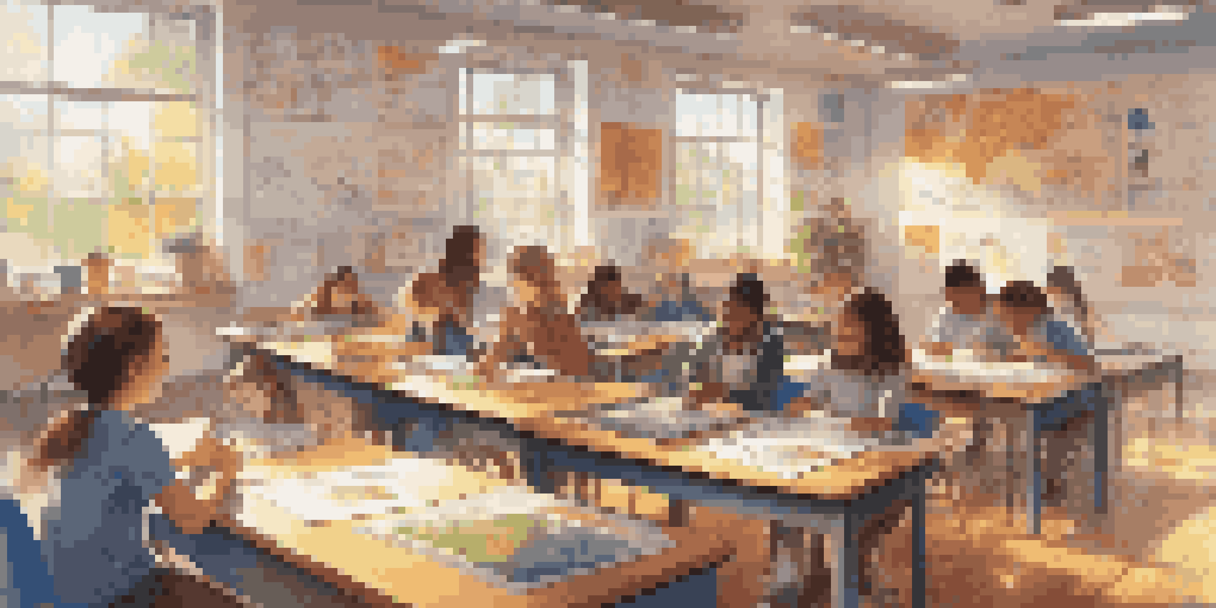 A lively classroom scene with students actively participating in hands-on projects, surrounded by educational decorations and bright sunlight.