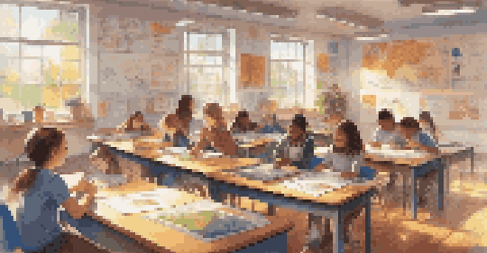 A lively classroom scene with students actively participating in hands-on projects, surrounded by educational decorations and bright sunlight.