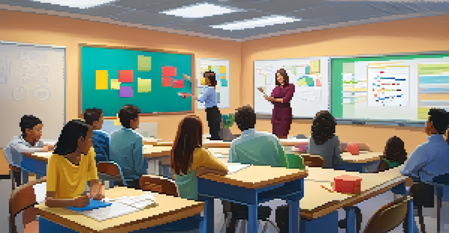 A teacher guiding students in a collaborative classroom, with groups of students working on tablets and discussing ideas.