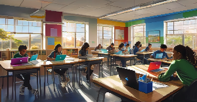 A diverse group of students in a bright classroom, collaborating on projects using technology.