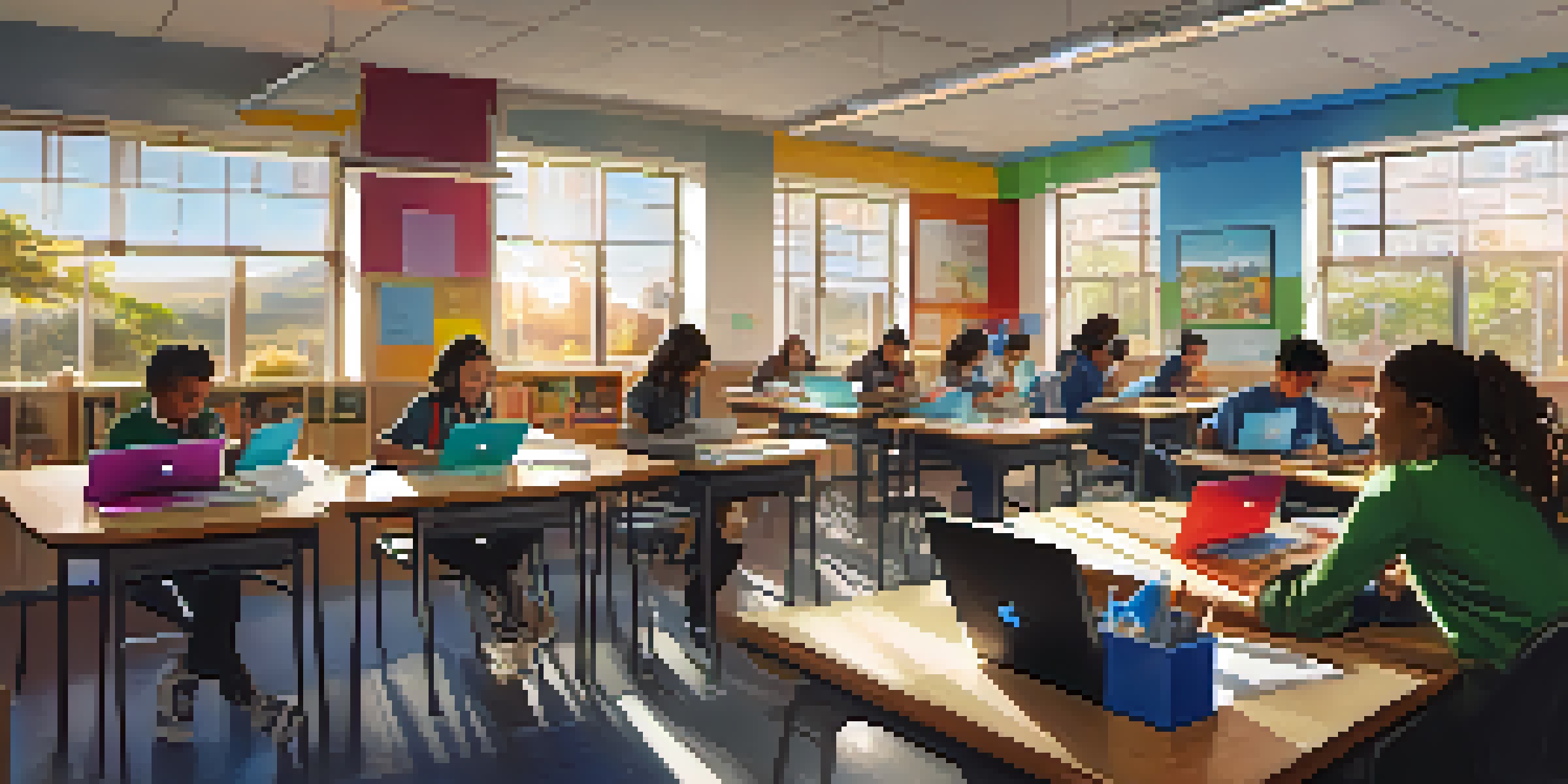 A diverse group of students in a bright classroom, collaborating on projects using technology.