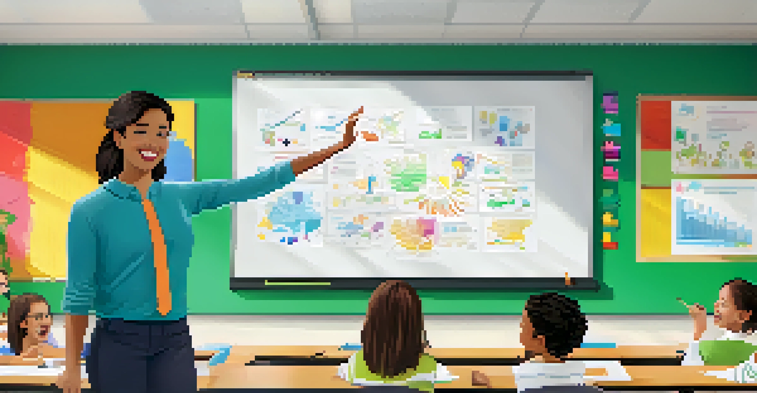 An educator teaching a lesson using a digital whiteboard, with students visible on a screen in a bright classroom.