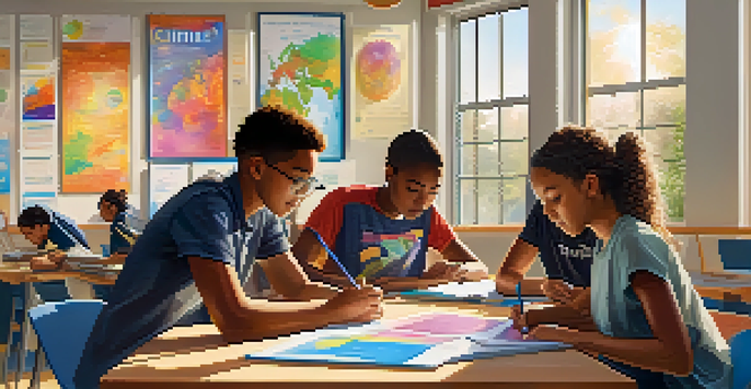 A diverse group of students working together in a bright classroom on a climate change project, with digital tablets and colorful posters around them.
