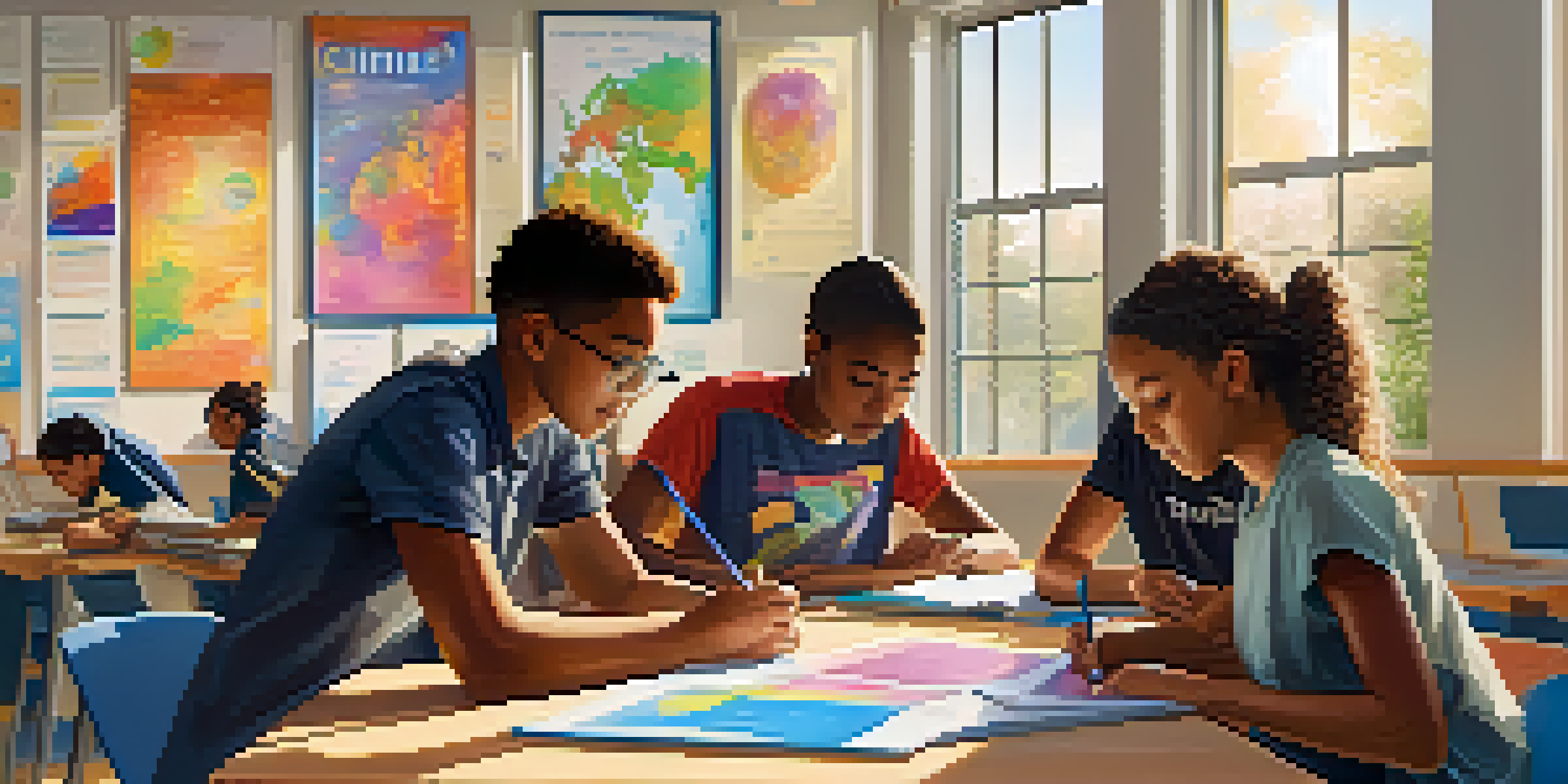 A diverse group of students working together in a bright classroom on a climate change project, with digital tablets and colorful posters around them.