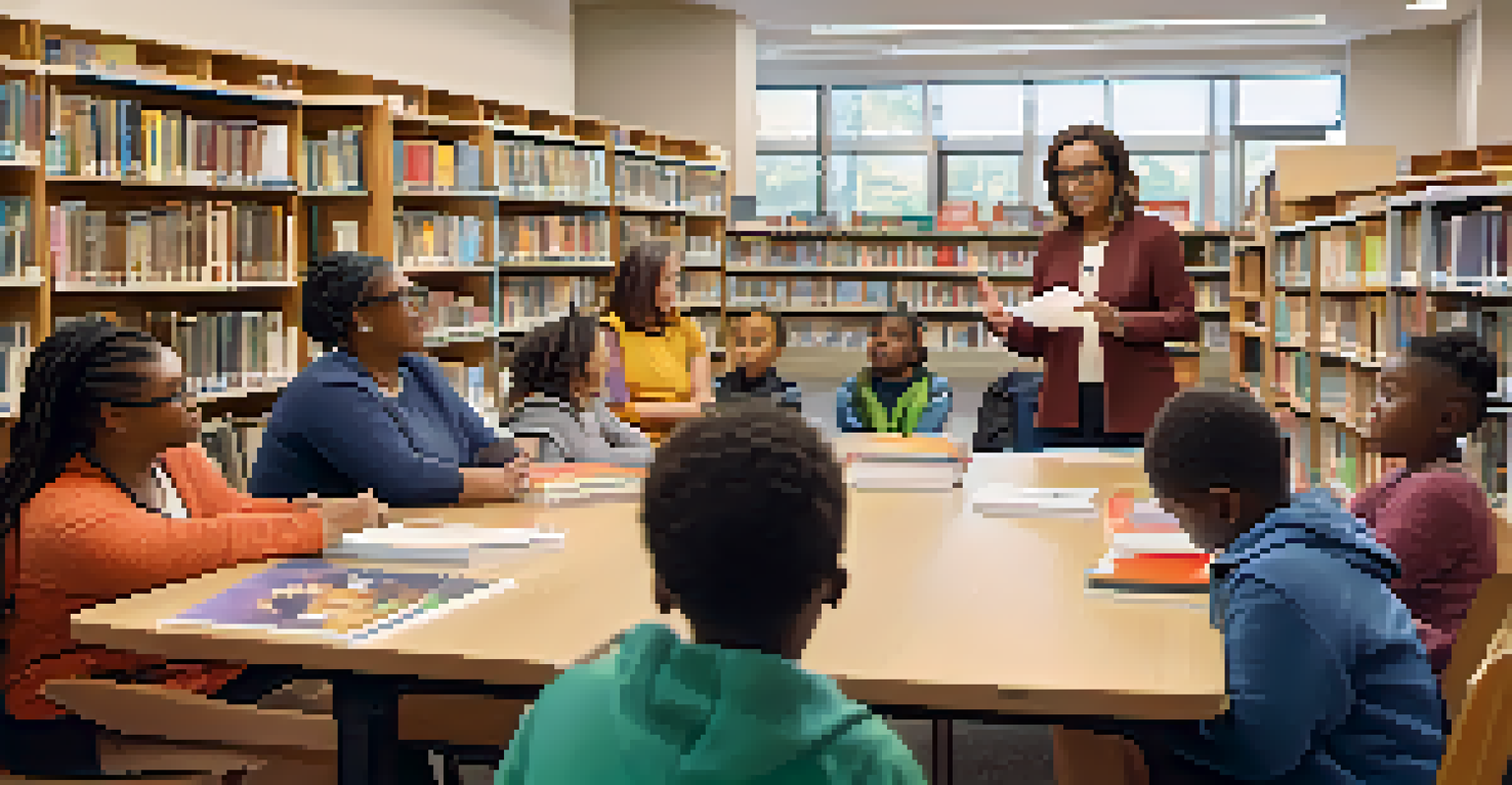 An educator leading a discussion with parents and community members in a cozy school library, with shelves of books and a whiteboard displaying educational equity goals.