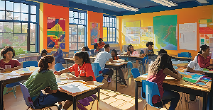 A diverse group of students working together on a project in a colorful classroom filled with natural light.