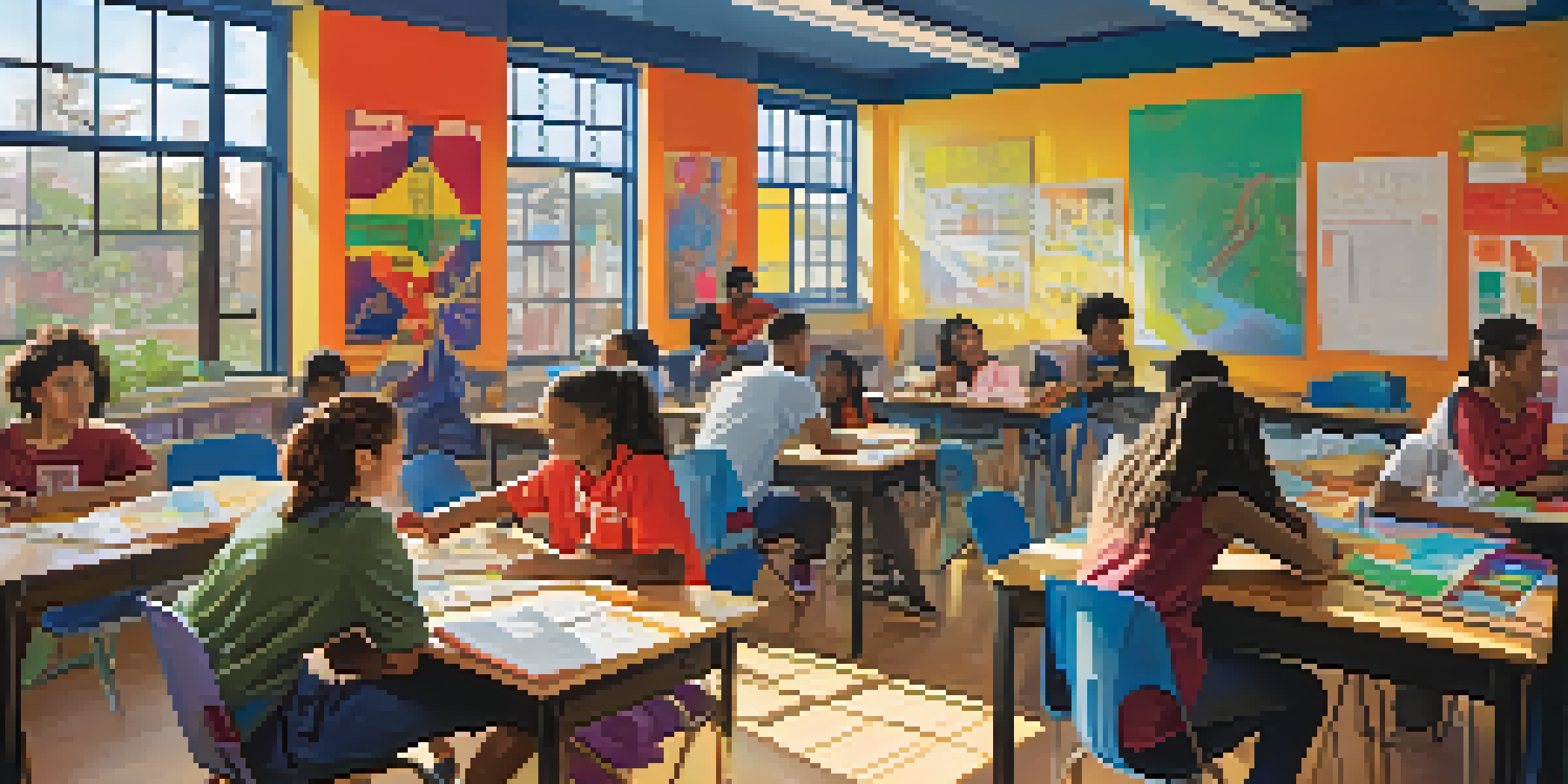 A diverse group of students working together on a project in a colorful classroom filled with natural light.