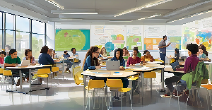 A bright classroom with students of various backgrounds using mobile devices to engage in collaborative learning activities.