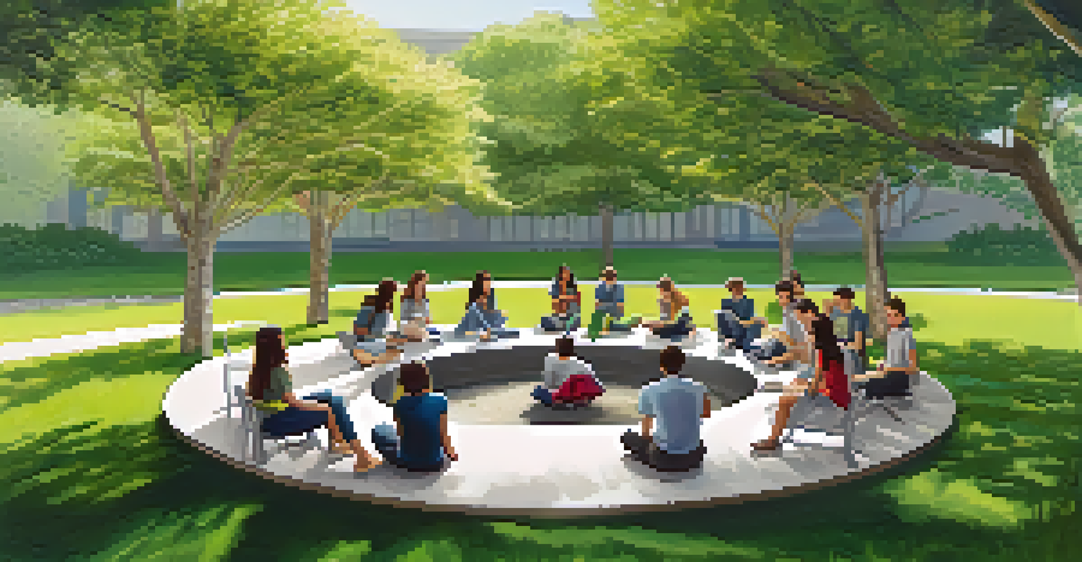 An outdoor learning space where students sit in a circle on flexible furniture, engaging in a collaborative project surrounded by greenery.