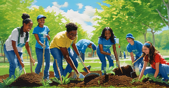 A group of diverse students working together to plant trees in a sunny park, showcasing teamwork and community engagement.