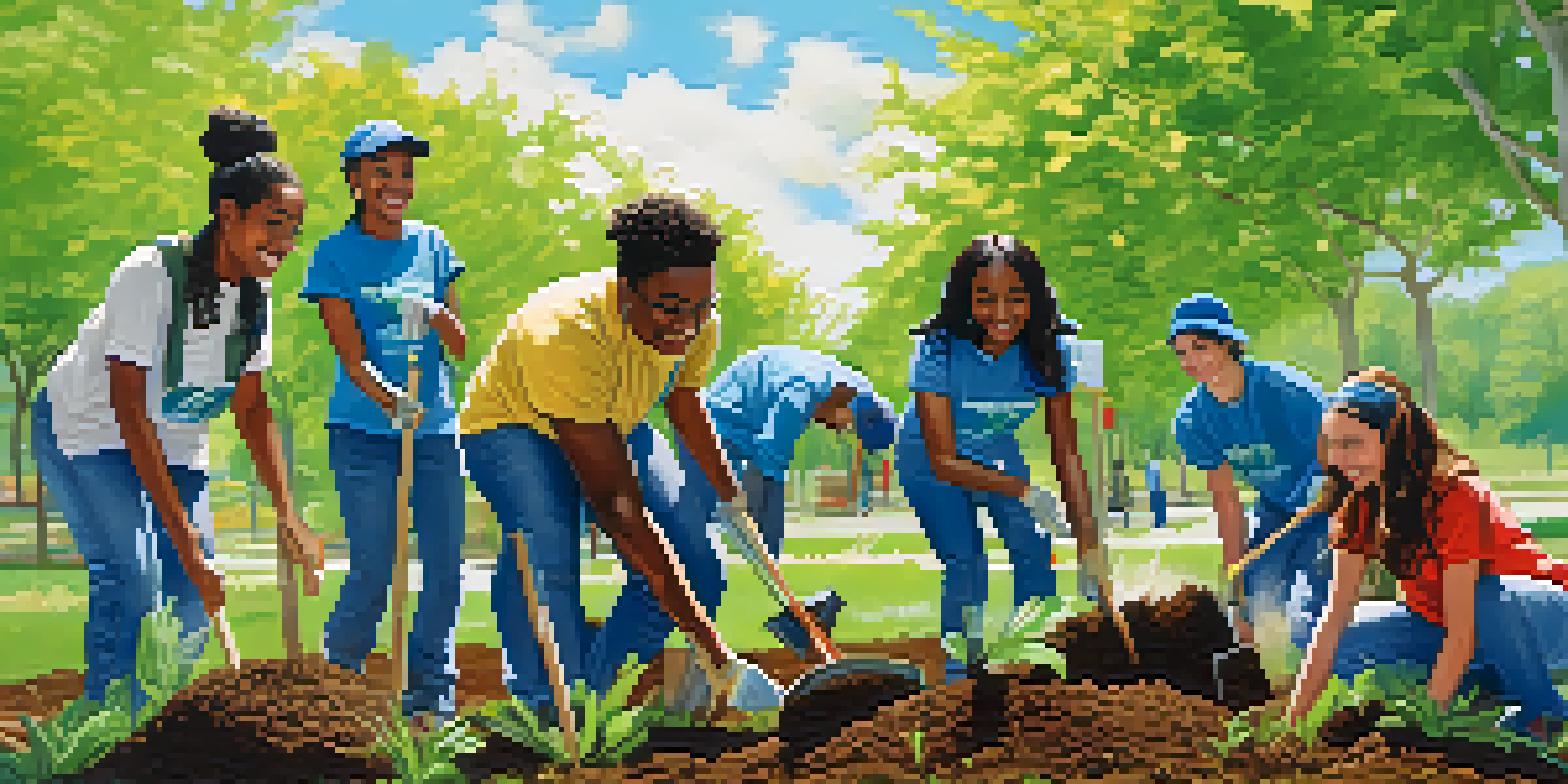 A group of diverse students working together to plant trees in a sunny park, showcasing teamwork and community engagement.