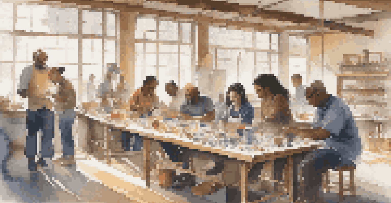 A diverse group of people participating in a hands-on workshop, with a mentor guiding them in a bright, cozy room.
