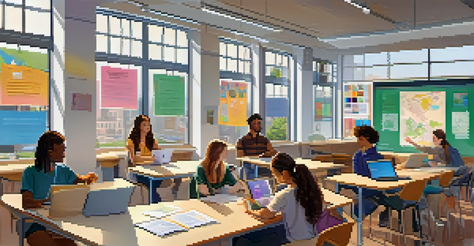 A diverse group of students collaborating in a bright classroom environment with laptops and interactive technology.