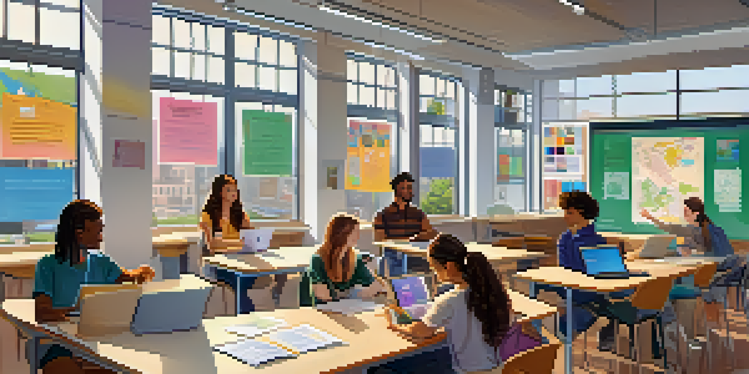 A diverse group of students collaborating in a bright classroom environment with laptops and interactive technology.