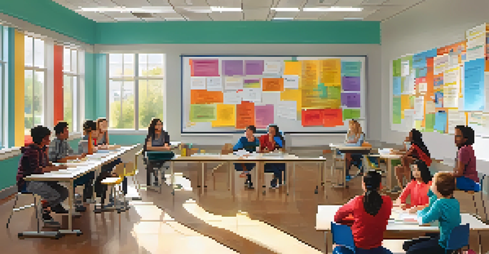 Students engaged in a lively group discussion in a bright classroom with colorful educational posters.