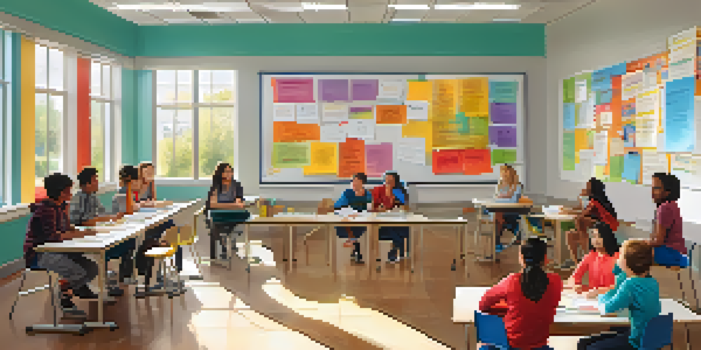 Students engaged in a lively group discussion in a bright classroom with colorful educational posters.