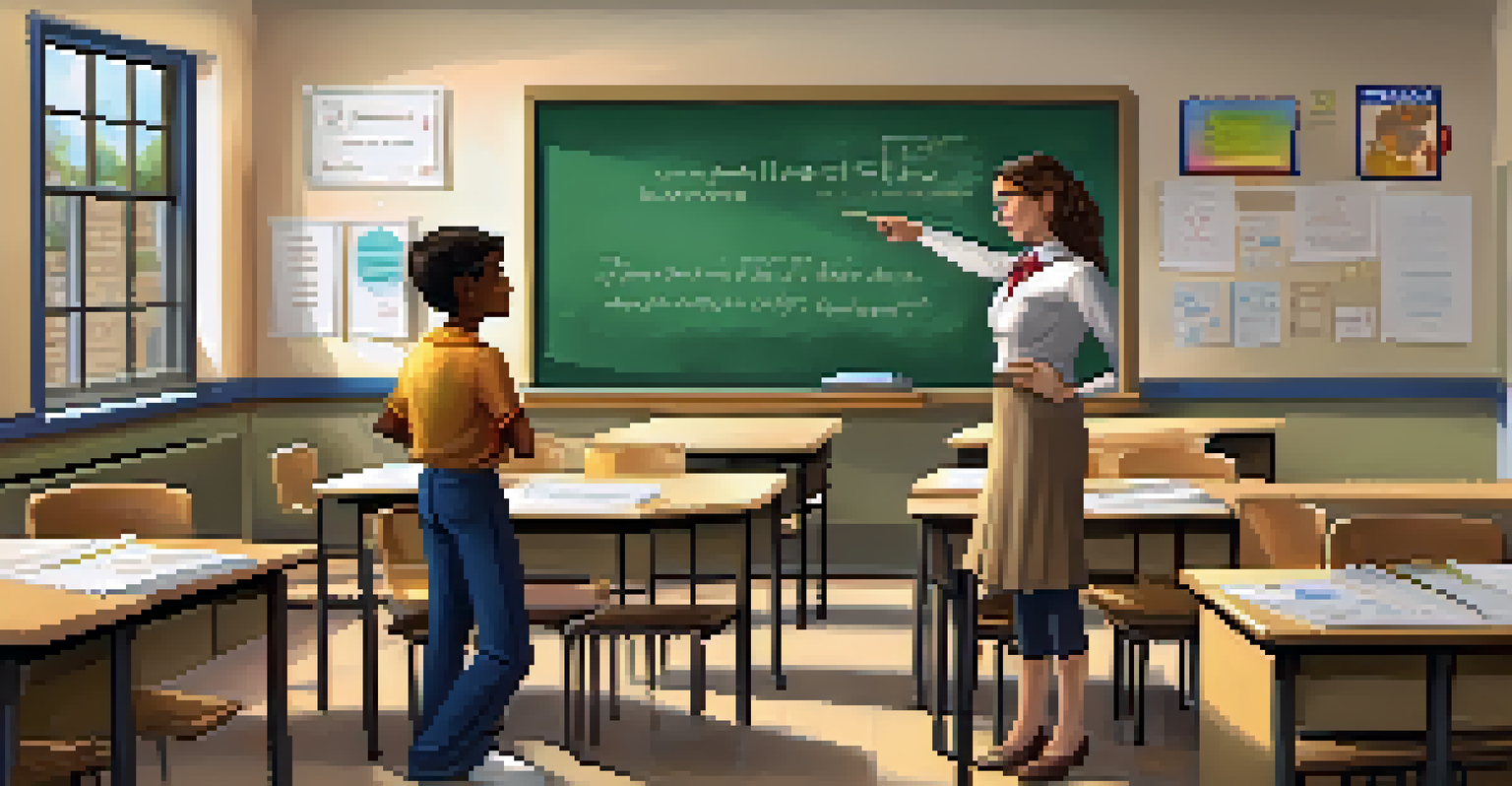 A teacher supporting a student in a classroom, surrounded by motivational quotes and other engaged students.