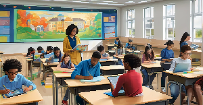 A bright and modern classroom where students use tablets for digital assessments, with a teacher helping a student in the foreground.