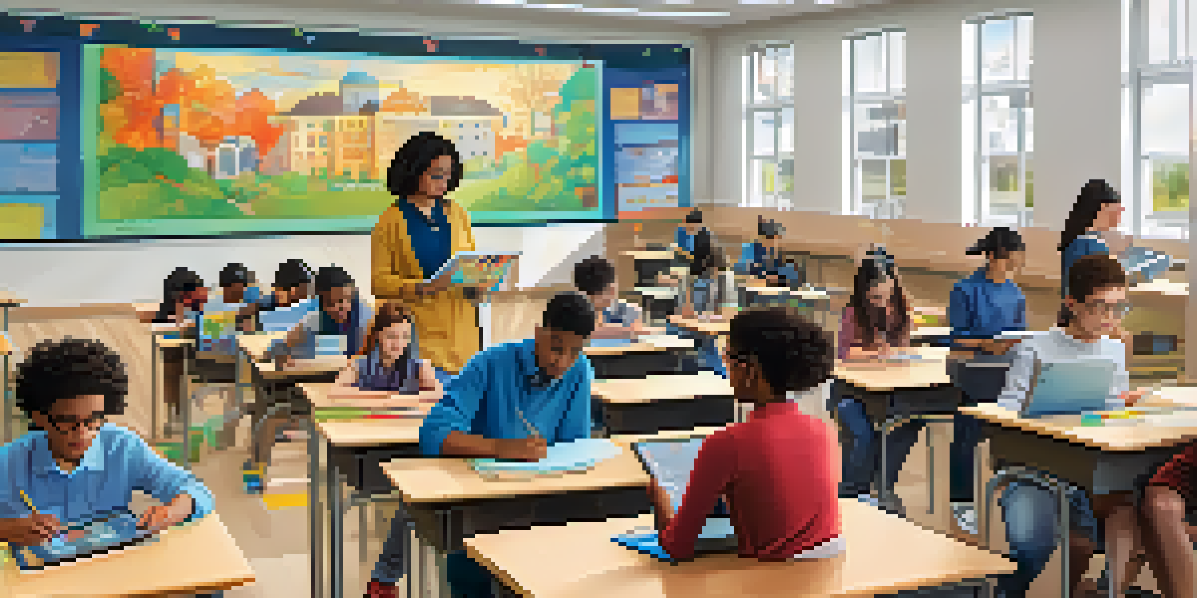 A bright and modern classroom where students use tablets for digital assessments, with a teacher helping a student in the foreground.
