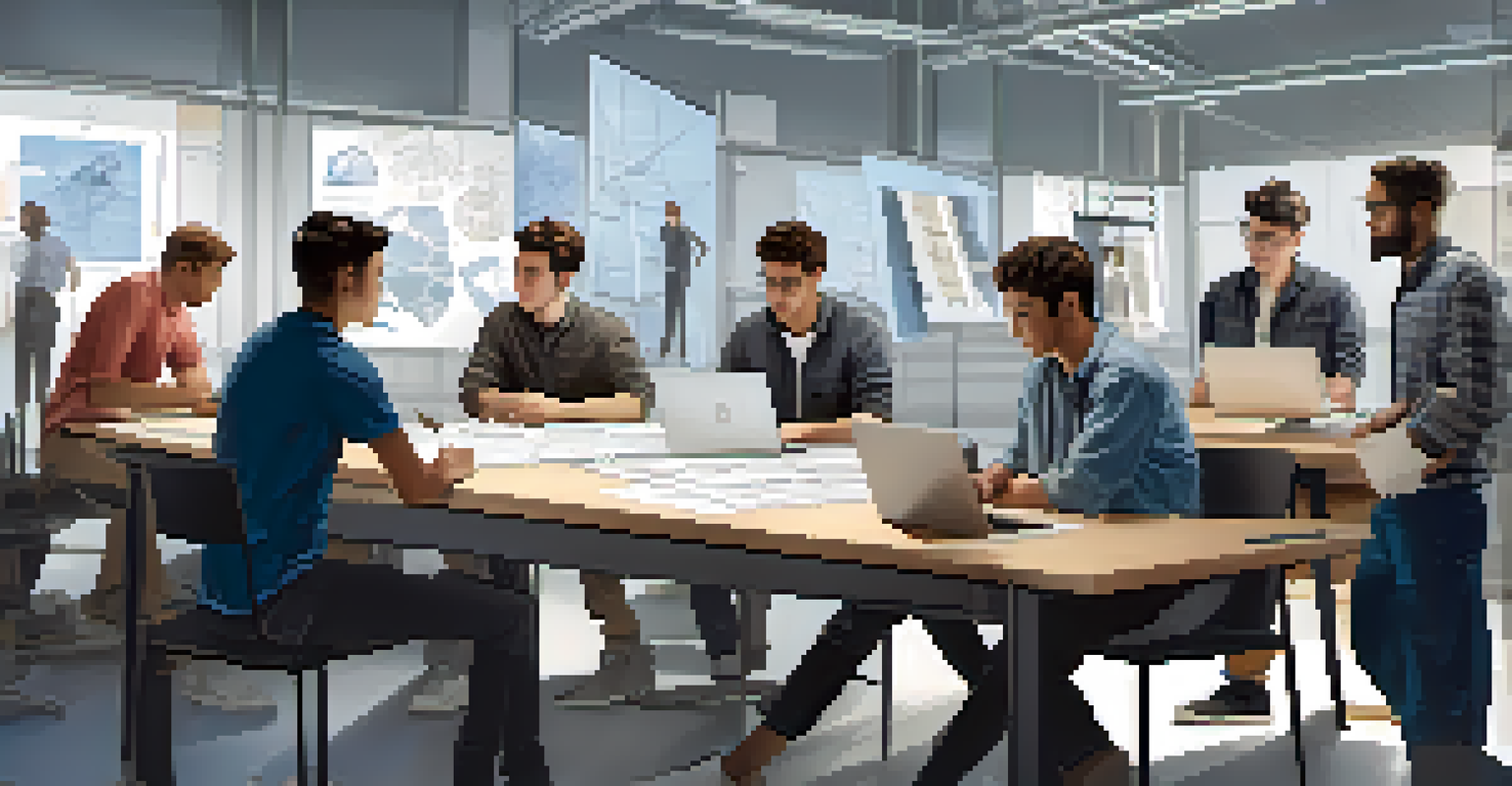 A group of engineering students collaborating on a project, discussing over blueprints and a laptop displaying a 3D model.