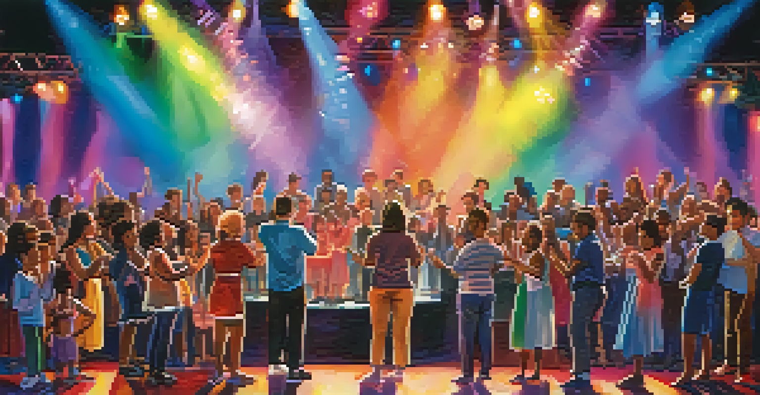 A lively talent show with diverse participants performing on stage and an engaged audience in the background.