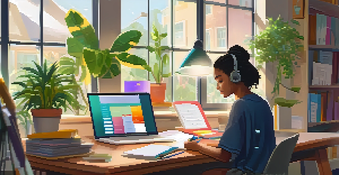 A student engaging in online learning at a tidy desk, with a laptop displaying a colorful educational interface and natural light illuminating the room.