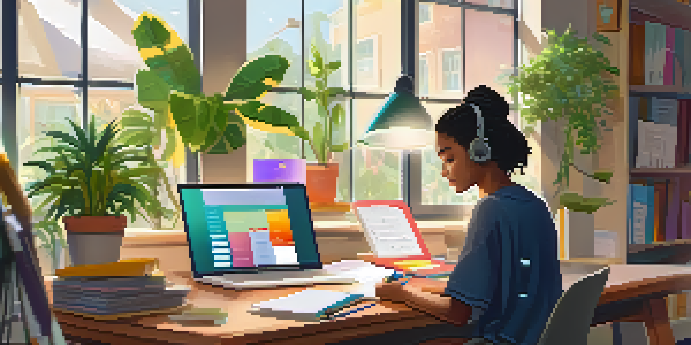 A student engaging in online learning at a tidy desk, with a laptop displaying a colorful educational interface and natural light illuminating the room.