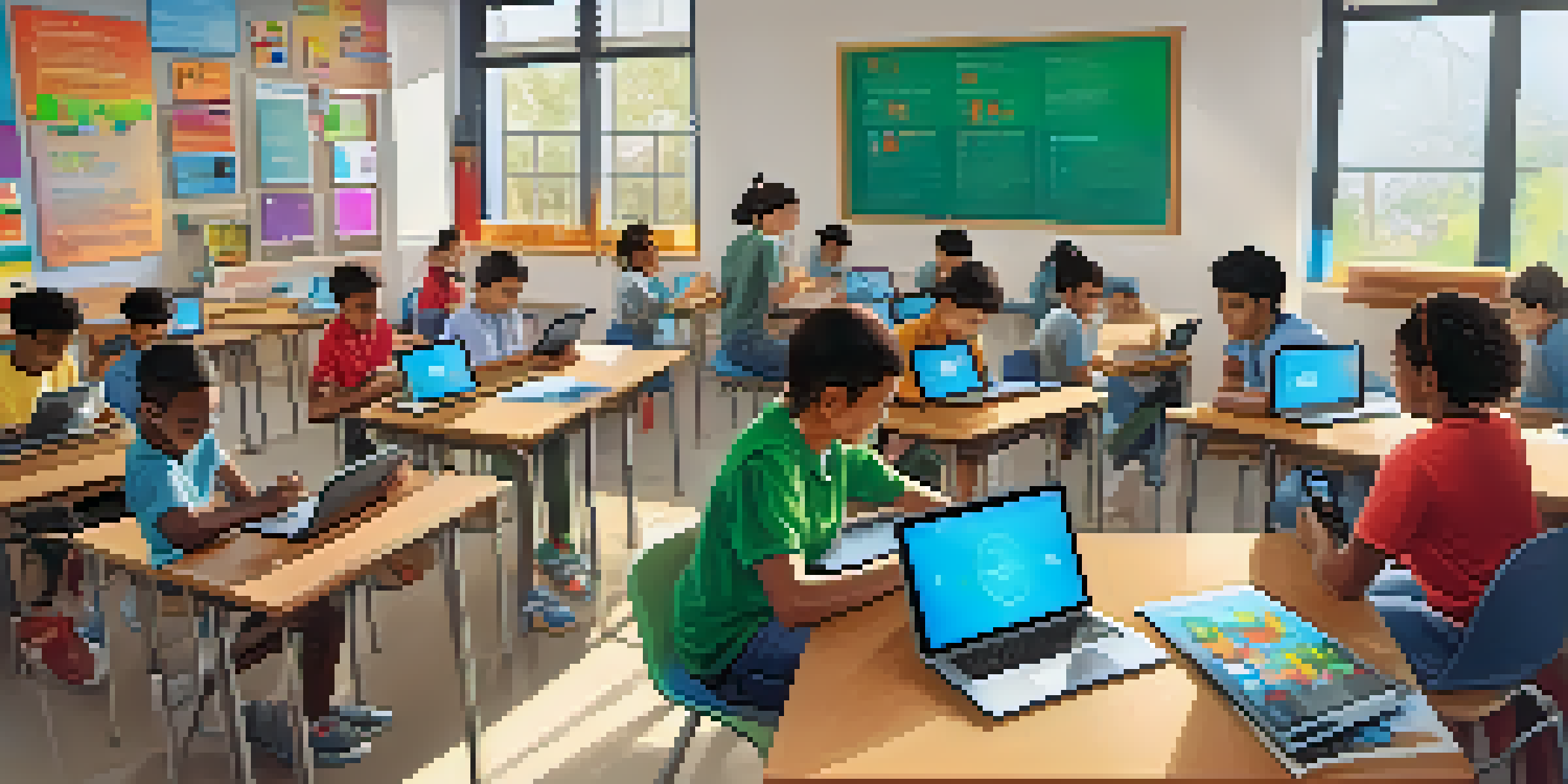 Students in a bright classroom using tablets and smartphones, collaborating on a group project with educational apps visible on their screens.