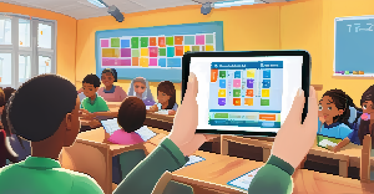 A teacher holding a tablet with an animated quiz interface while students engage in the background.