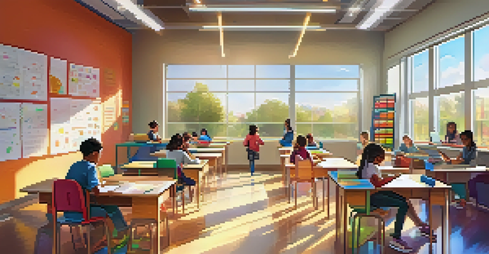 A diverse group of students in a bright classroom, actively participating in adaptive learning activities with technology and collaborative materials.