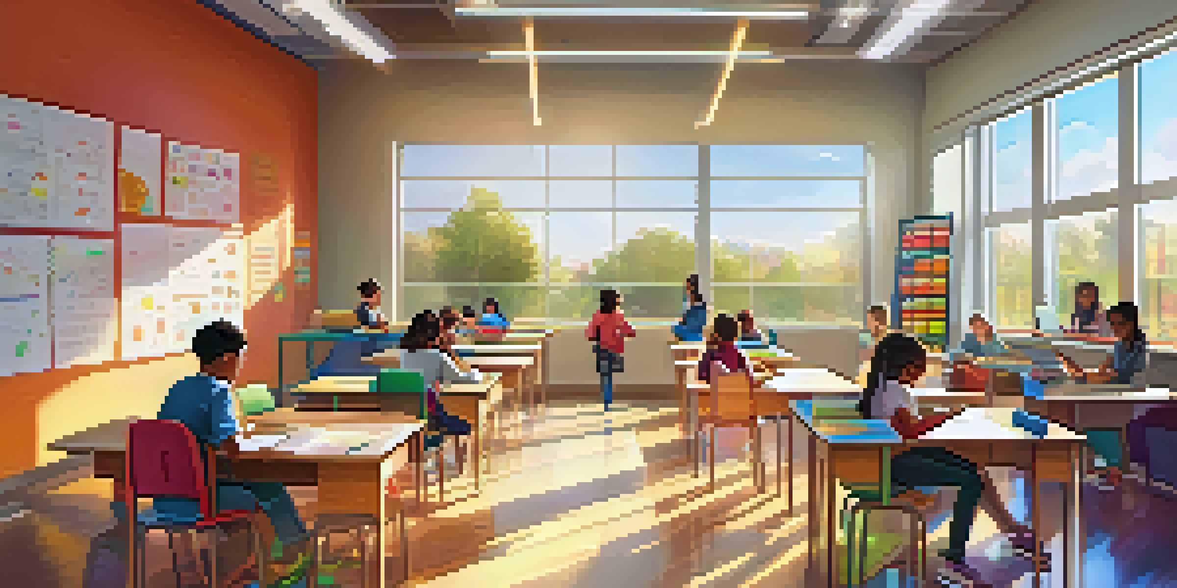 A diverse group of students in a bright classroom, actively participating in adaptive learning activities with technology and collaborative materials.