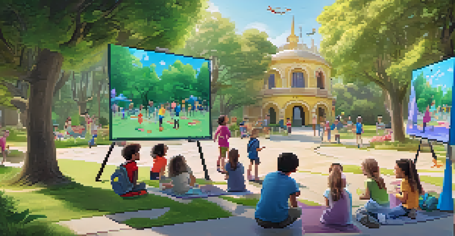 Children participating in an AR scavenger hunt in a park, interacting with virtual clues and enjoying the outdoor experience.
