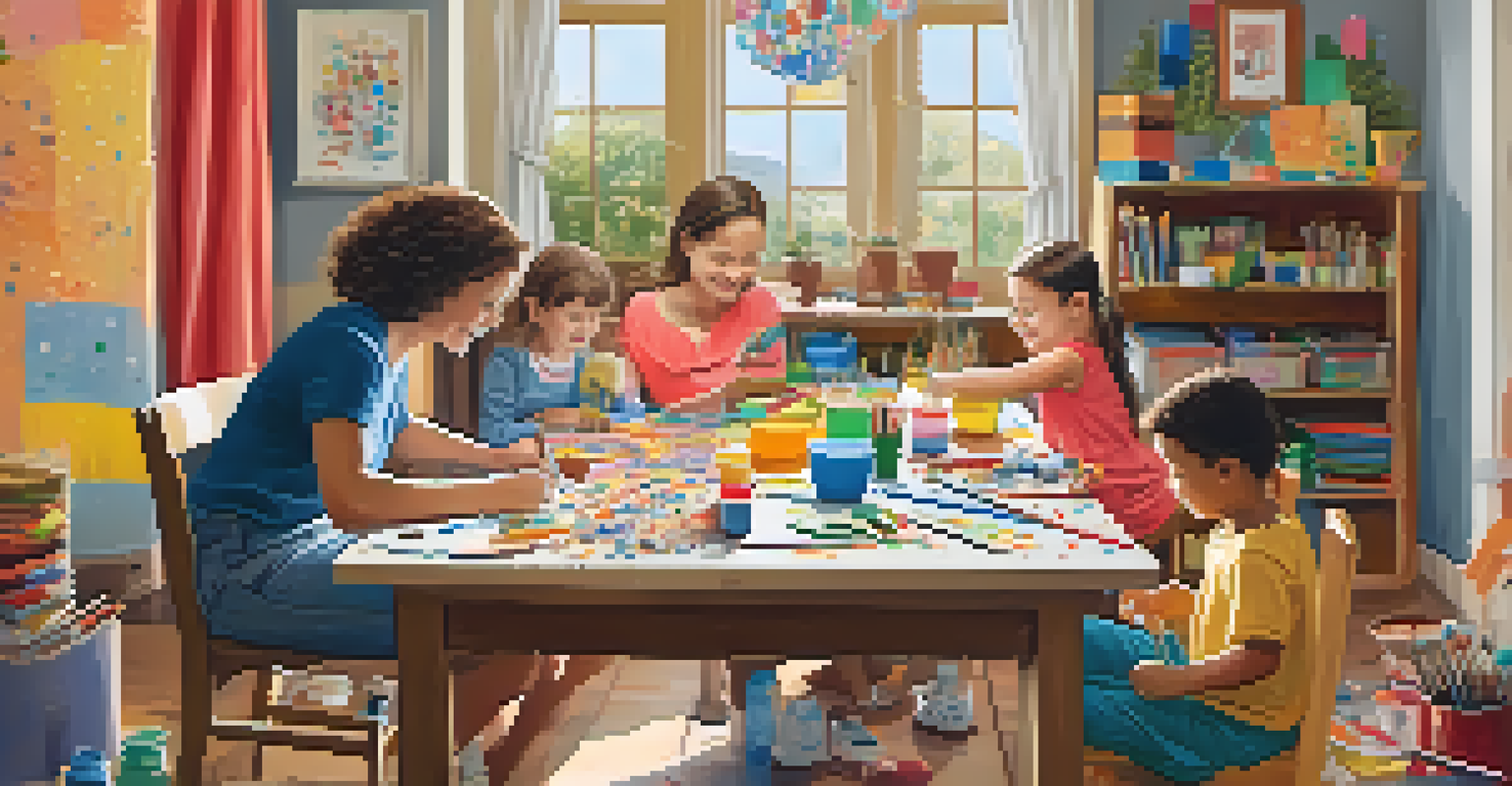A family enjoying a creative arts and crafts session at home, surrounded by paints and their colorful artwork, with a joyful atmosphere.