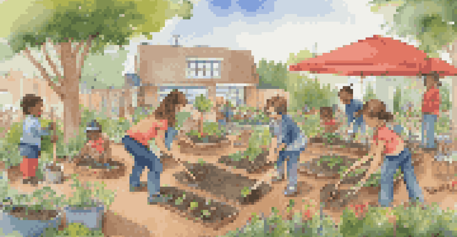 Children participating in an outdoor classroom, planting trees and flowers in a community garden.
